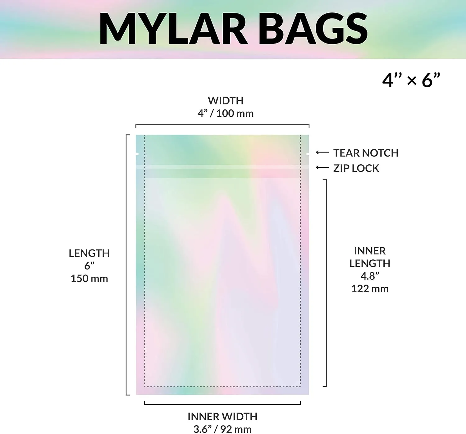 Mylar Bags with Ziplock 4 x 6" | 100 Bags | Rainbow Holographic | Sealable Heat Seal Bags for Candy and Food Packaging, Medications and Vitamins | For Liquid and Solids (4" x 6")