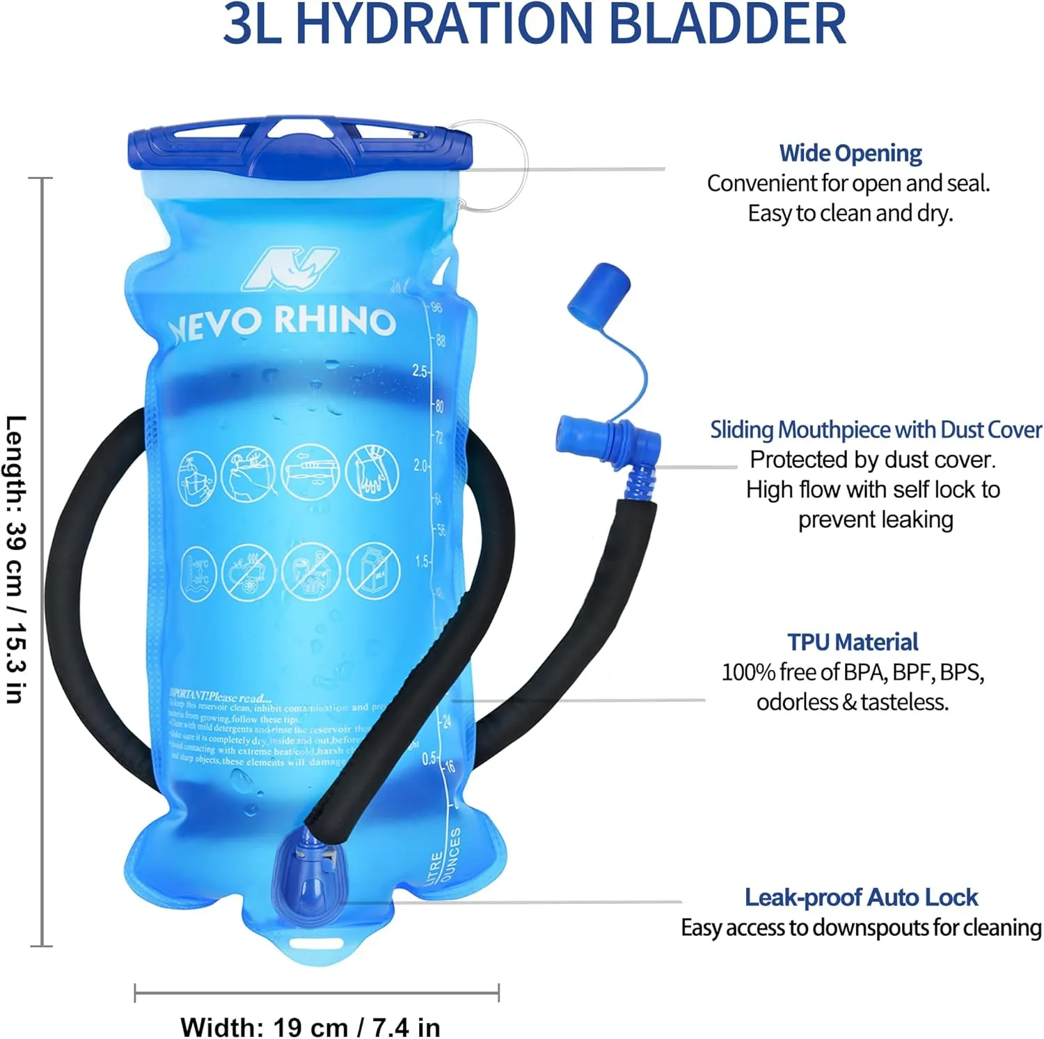 N NEVO RHINO Hydration Bladder1.5L- 2L-3L Leak Proof Water Reservoir, BPA -Free Water Pouch, Water Bladder for Hydration Pack，Hiking Backpack