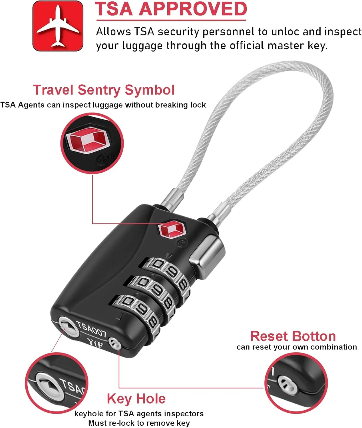 NAGE TSA Locks for Luggage, Suitcase Lock with 3 Digit Combination, Luggage Locks TSA Approved, 5.5in Flexible Travel Lock for Luggage, Suitcase, Backpack, Tent, Gym Lockers (2 Pack, Black)