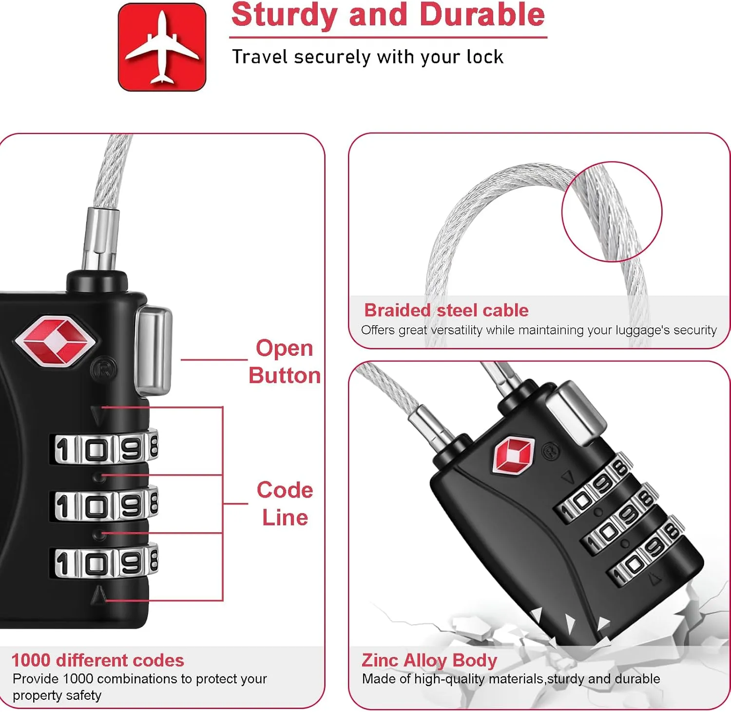 NAGE TSA Locks for Luggage, Suitcase Lock with 3 Digit Combination, Luggage Locks TSA Approved, 5.5in Flexible Travel Lock for Luggage, Suitcase, Backpack, Tent, Gym Lockers (2 Pack, Black)