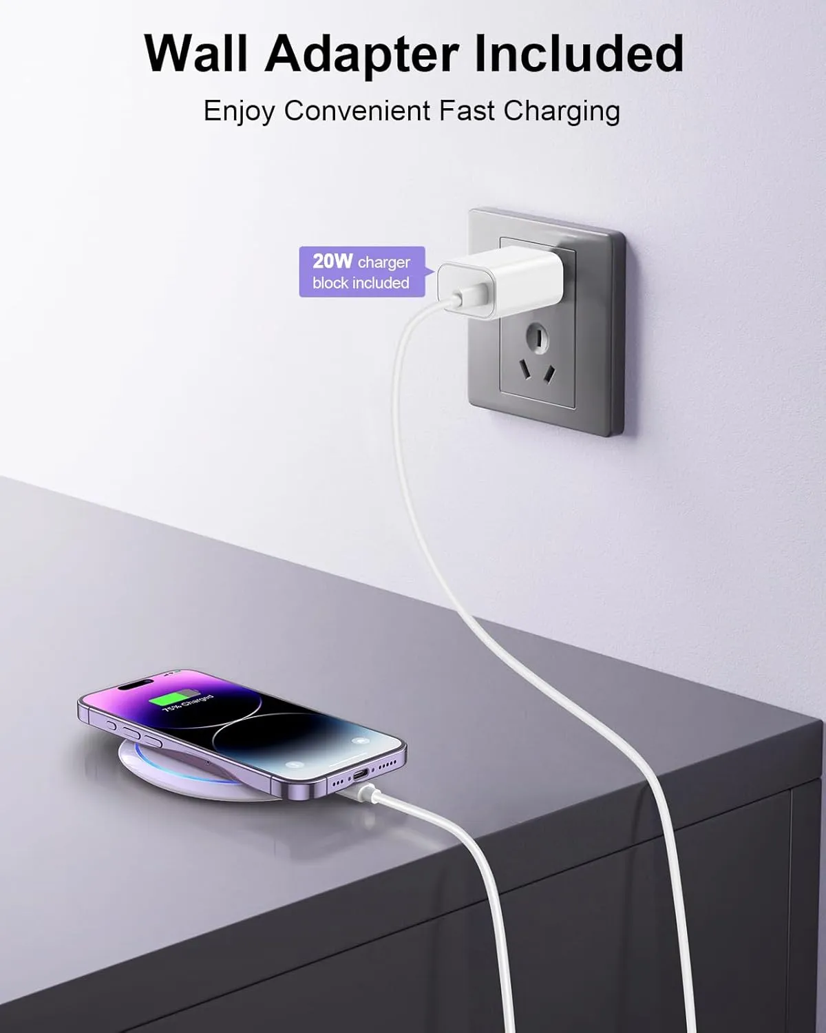 NANAMI Fast Wireless Charger, 7.5W Qi Certified Charging Pad with PD3.0 Adapter USB Charger for iPhone 15/14/13/12/11 Pro Max/8 Plus/Airpods 2,10W for Samsung S25 S24 Ultra S23 S22 S21/Note 20, Purple