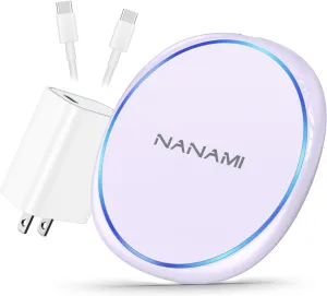 NANAMI Fast Wireless Charger, 7.5W Qi Certified Charging Pad with PD3.0 Adapter USB Charger for iPhone 15/14/13/12/11 Pro Max/8 Plus/Airpods 2,10W for Samsung S25 S24 Ultra S23 S22 S21/Note 20, Purple
