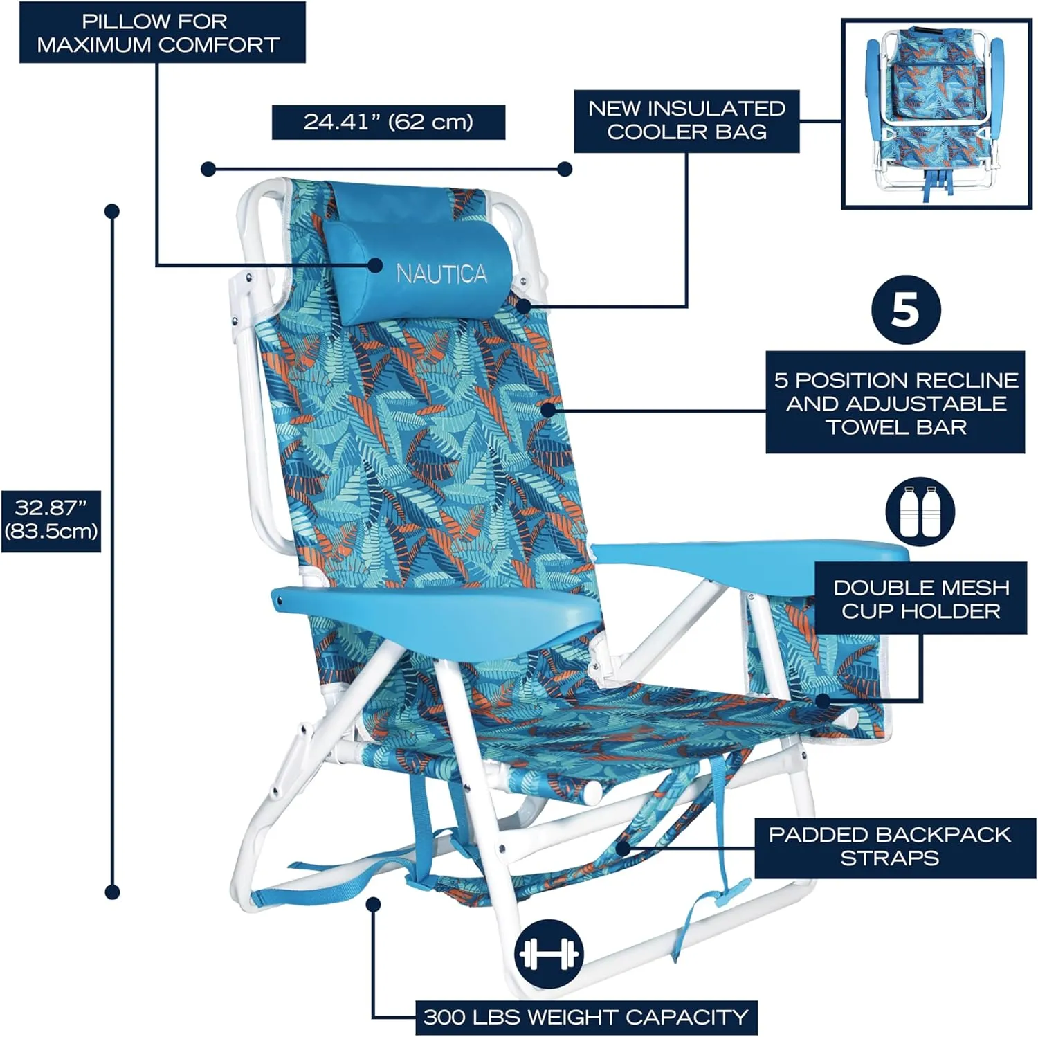 Nautica - Beach Chair, Five Position Backpack Chair, Portable & Adjustable with Padded Pillow and Cup Holders and Attached Insulated Cooler Bag (Fiji Beach)