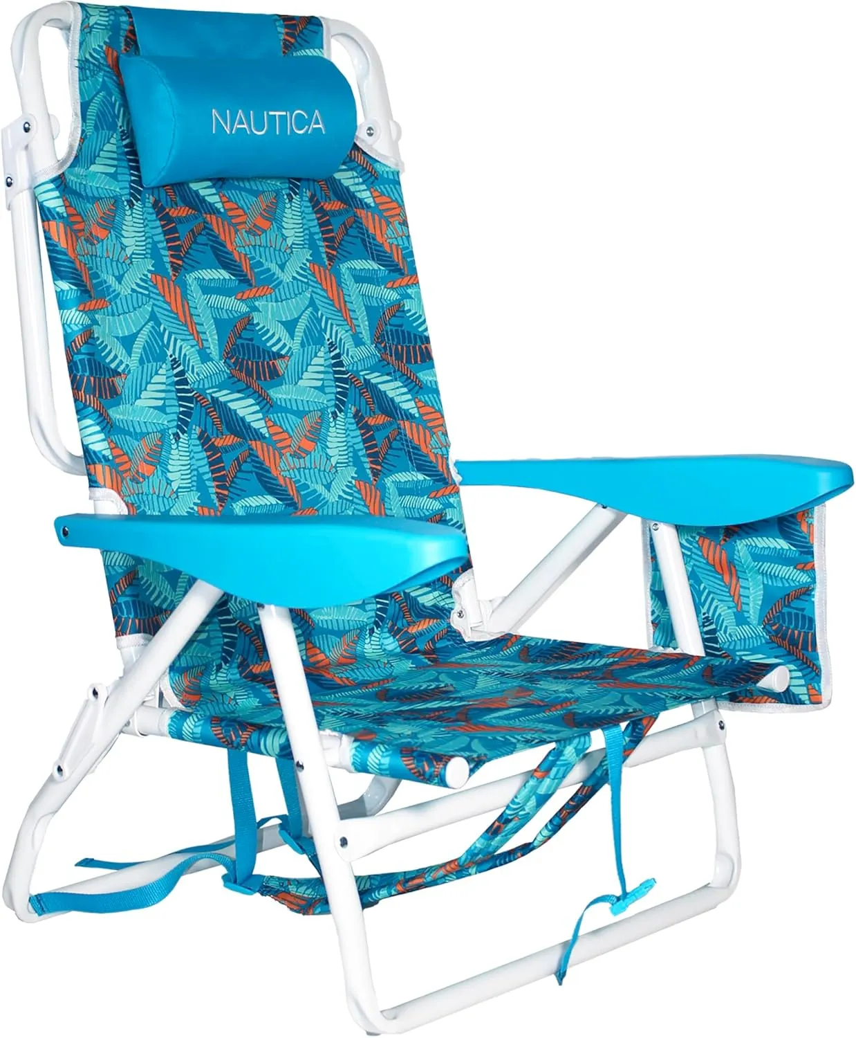 Nautica - Beach Chair, Five Position Backpack Chair, Portable & Adjustable with Padded Pillow and Cup Holders and Attached Insulated Cooler Bag (Fiji Beach)