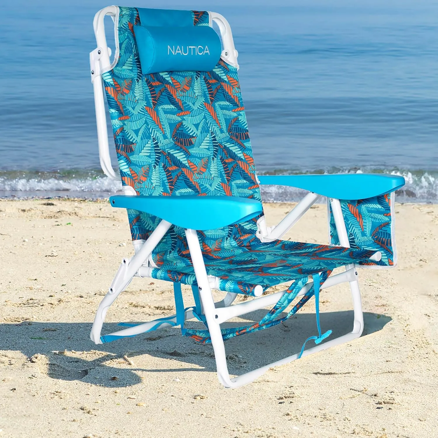 Nautica - Beach Chair, Five Position Backpack Chair, Portable & Adjustable with Padded Pillow and Cup Holders and Attached Insulated Cooler Bag (Fiji Beach)
