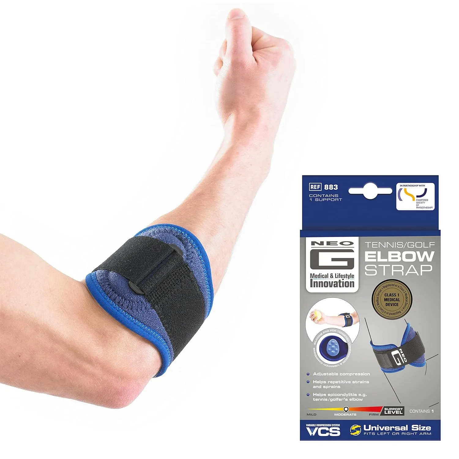Neo-G Tennis/Golf Elbow Strap - Support For Epicondylitis, Tennis/Golfers Elbow, Sprains & Repetitive Strain, Forearm Pain – Class 1 Medical Device - One Size - Blue
