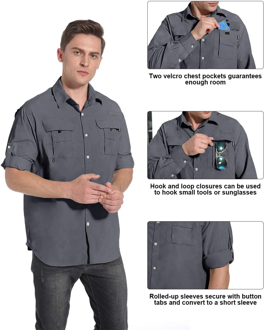 NOMINATE Mens Long Sleeve Fishing Shirts UPF 50  UV Protection Sun Shirts Quick Drying Hiking Lightweight