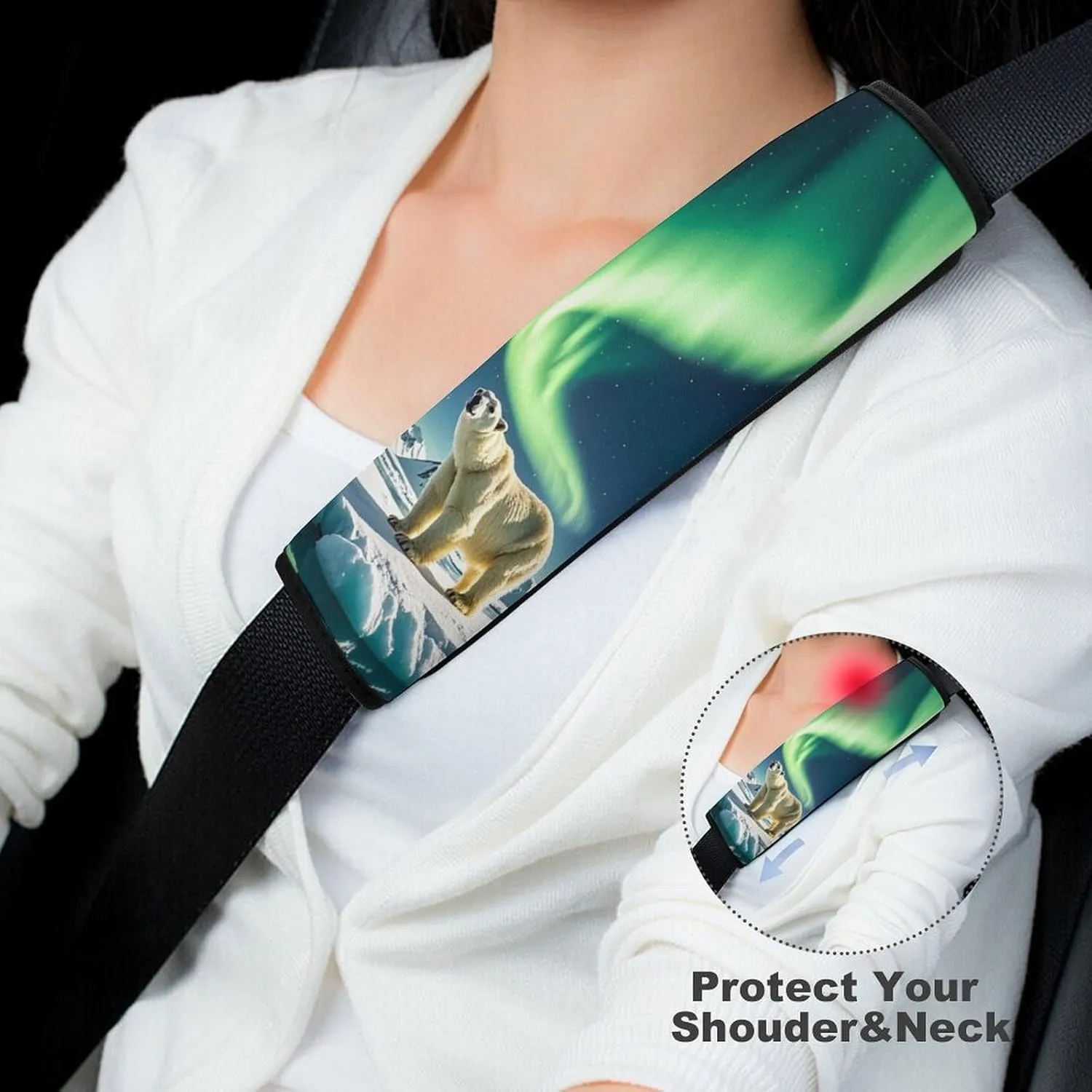 Northern Lights Polar Bear Auto Seat Belt Cover 2PCS Universal Car Seat Belt Shoulder Protector Pad, Protect Your Shoulders and Neck for Car Seat Belt, Shoulder Bag, Backpack