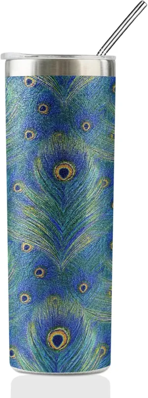Onebttl Peacock Skinny Glitter Tumbler - Gifts for Women, Female & Her - Peacock Feather - 20oz/590ml Stainless Steel Insulated Tumbler with Straw, Lid