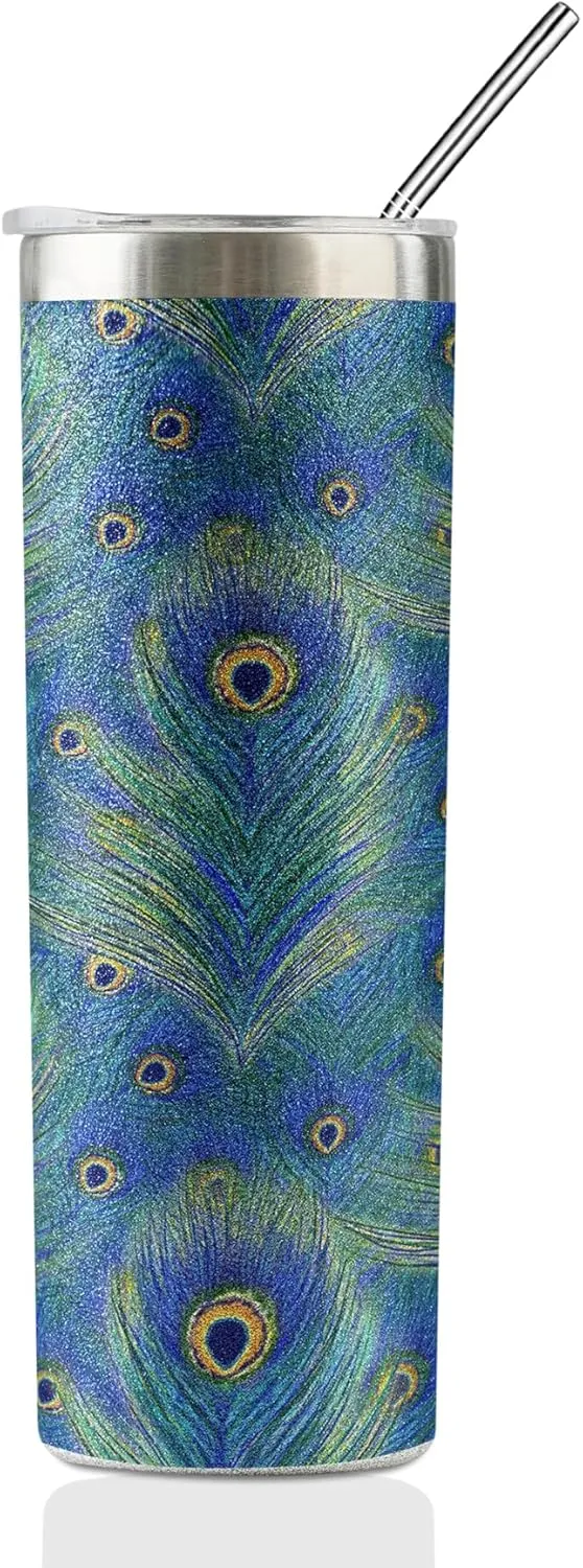 Onebttl Peacock Skinny Glitter Tumbler - Gifts for Women, Female & Her - Peacock Feather - 20oz/590ml Stainless Steel Insulated Tumbler with Straw, Lid