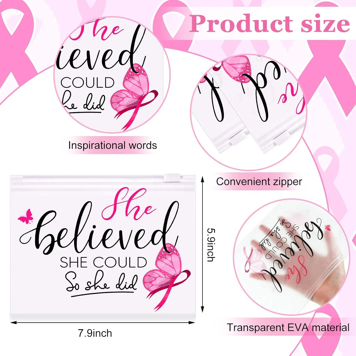 Oudain 60 Pcs Breast Cancer Awareness Makeup Bags Pink Ribbon Cosmetic Pouches Breast Cancer Survivor Gifts for Women Girls Multi Purpose Zipper Pouch Cosmetic Bags(Pink,Fresh Style)
