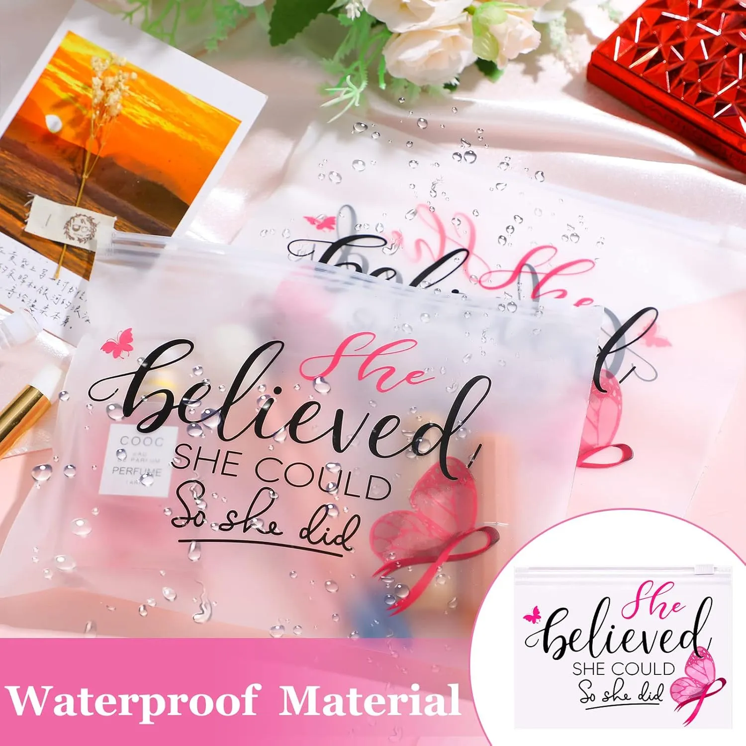 Oudain 60 Pcs Breast Cancer Awareness Makeup Bags Pink Ribbon Cosmetic Pouches Breast Cancer Survivor Gifts for Women Girls Multi Purpose Zipper Pouch Cosmetic Bags(Pink,Fresh Style)
