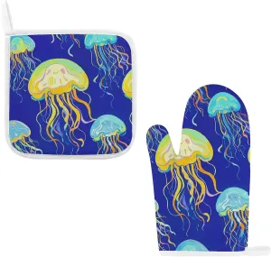 Oven Mitts and Pot Holders 2 Set Heat Resistant Kitchen Oven Glove for Kitchen with Quilted Liner Non-Slip JellyfishOven Gloves for Baking Cooking