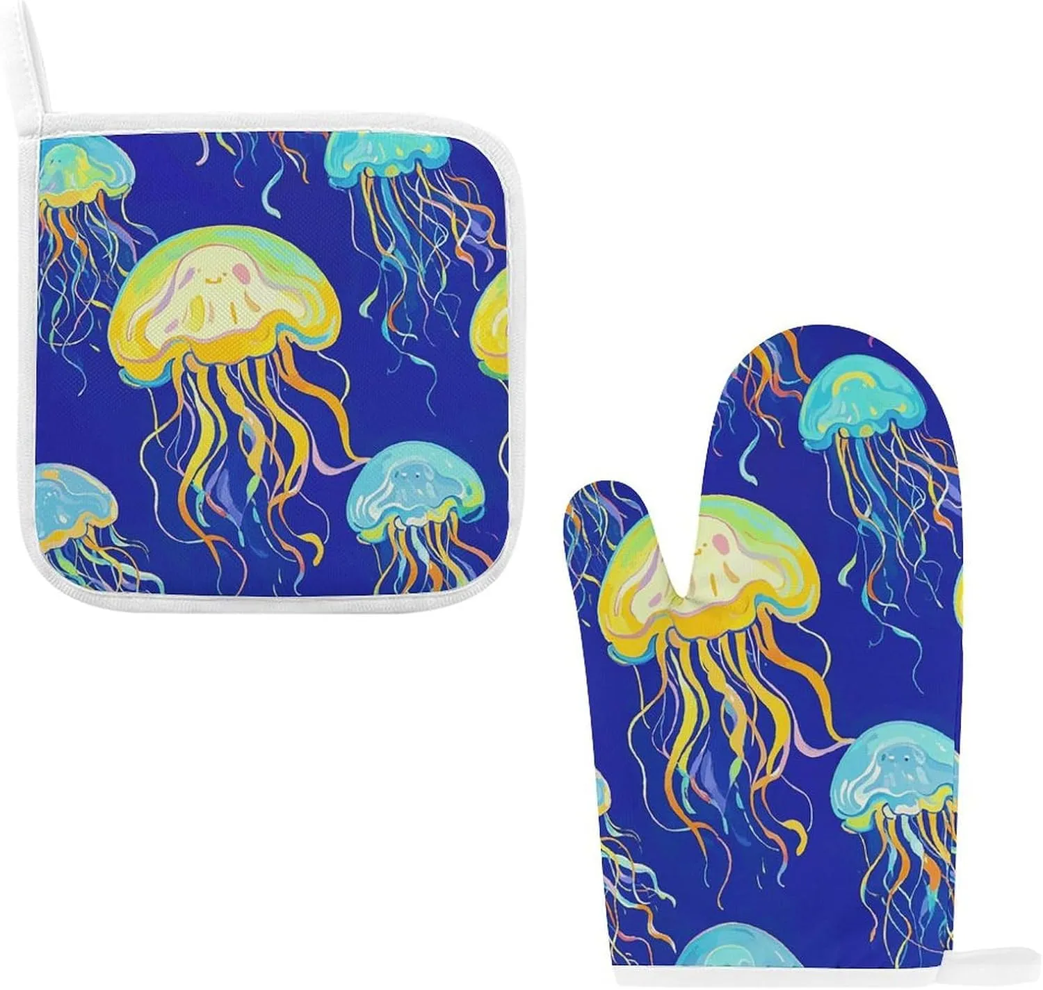 Oven Mitts and Pot Holders 2 Set Heat Resistant Kitchen Oven Glove for Kitchen with Quilted Liner Non-Slip JellyfishOven Gloves for Baking Cooking