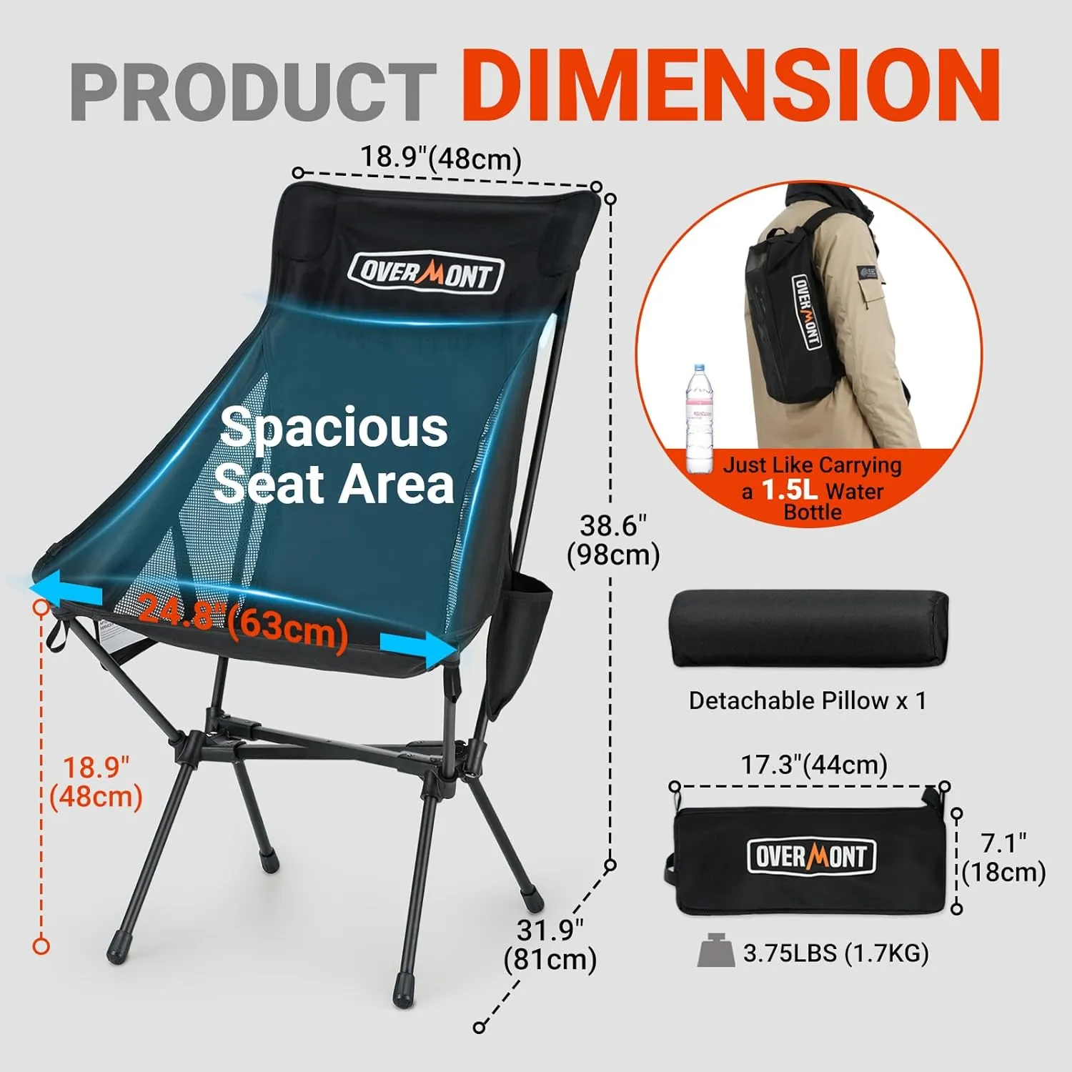 Overmont Ultralight Portable Camping Chair- Lightweight Folding Backpacking Chair, Support up to 330Lbs Compact Beach Chair for Adults with Carry Bag for Backpack Hiking Fishing Outdoor Camp Travel