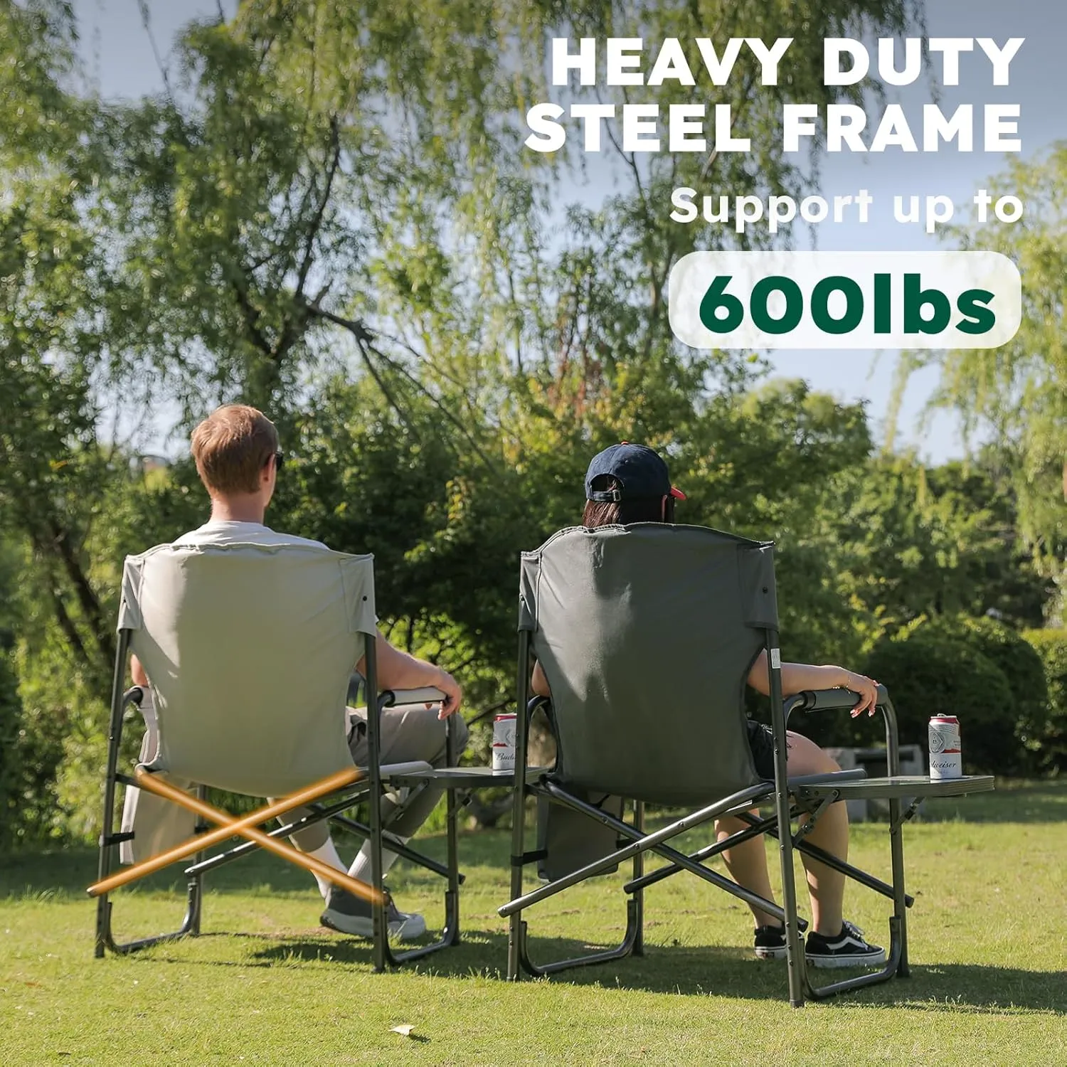Oversized Directors Camping Chair Support 600 LBS, Heavy Duty Folding Outdoor Chairs with Detachable Side Pocket and Adjustable Side Table for Outside Beach,Lawn,Fishing (Green)