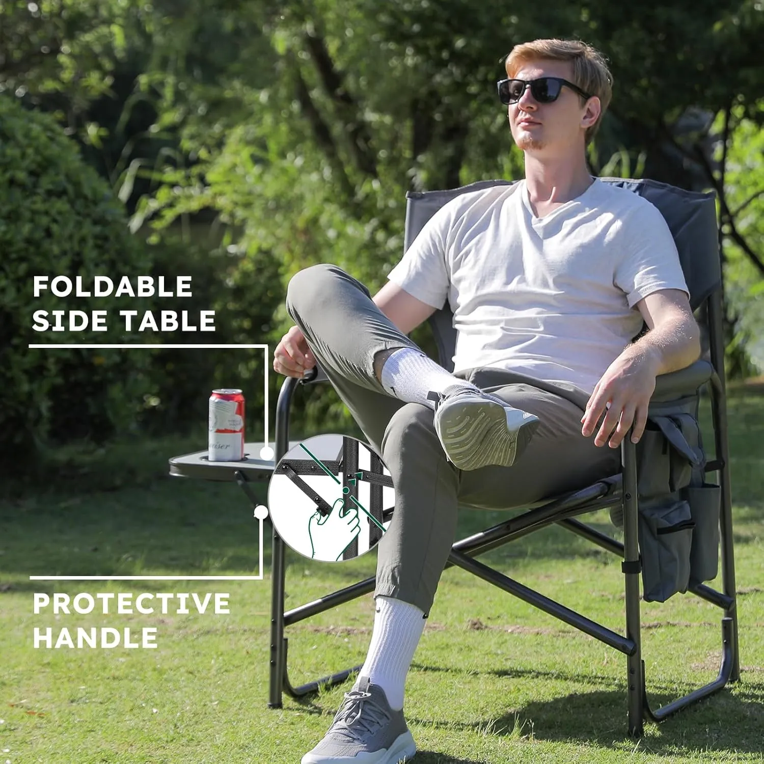 Oversized Directors Camping Chair Support 600 LBS, Heavy Duty Folding Outdoor Chairs with Detachable Side Pocket and Adjustable Side Table for Outside Beach,Lawn,Fishing (Green)