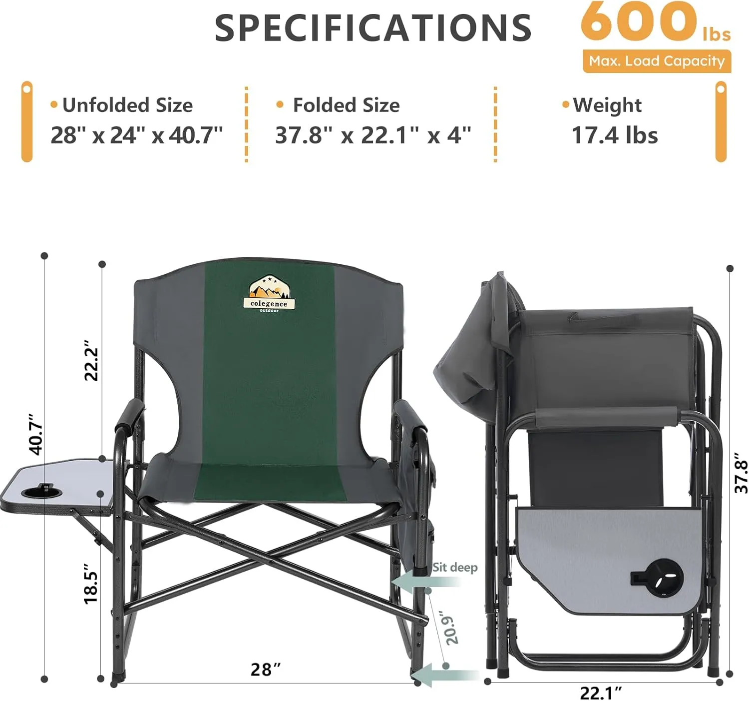 Oversized Directors Camping Chair Support 600 LBS, Heavy Duty Folding Outdoor Chairs with Detachable Side Pocket and Adjustable Side Table for Outside Beach,Lawn,Fishing (Green)