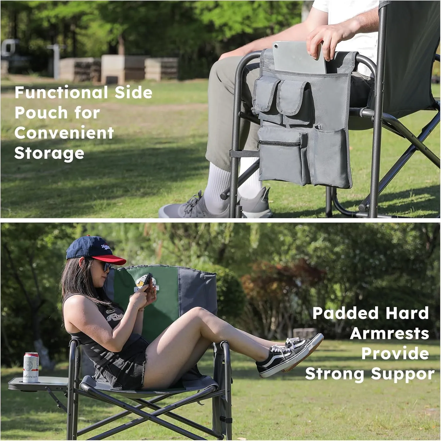 Oversized Directors Camping Chair Support 600 LBS, Heavy Duty Folding Outdoor Chairs with Detachable Side Pocket and Adjustable Side Table for Outside Beach,Lawn,Fishing (Green)