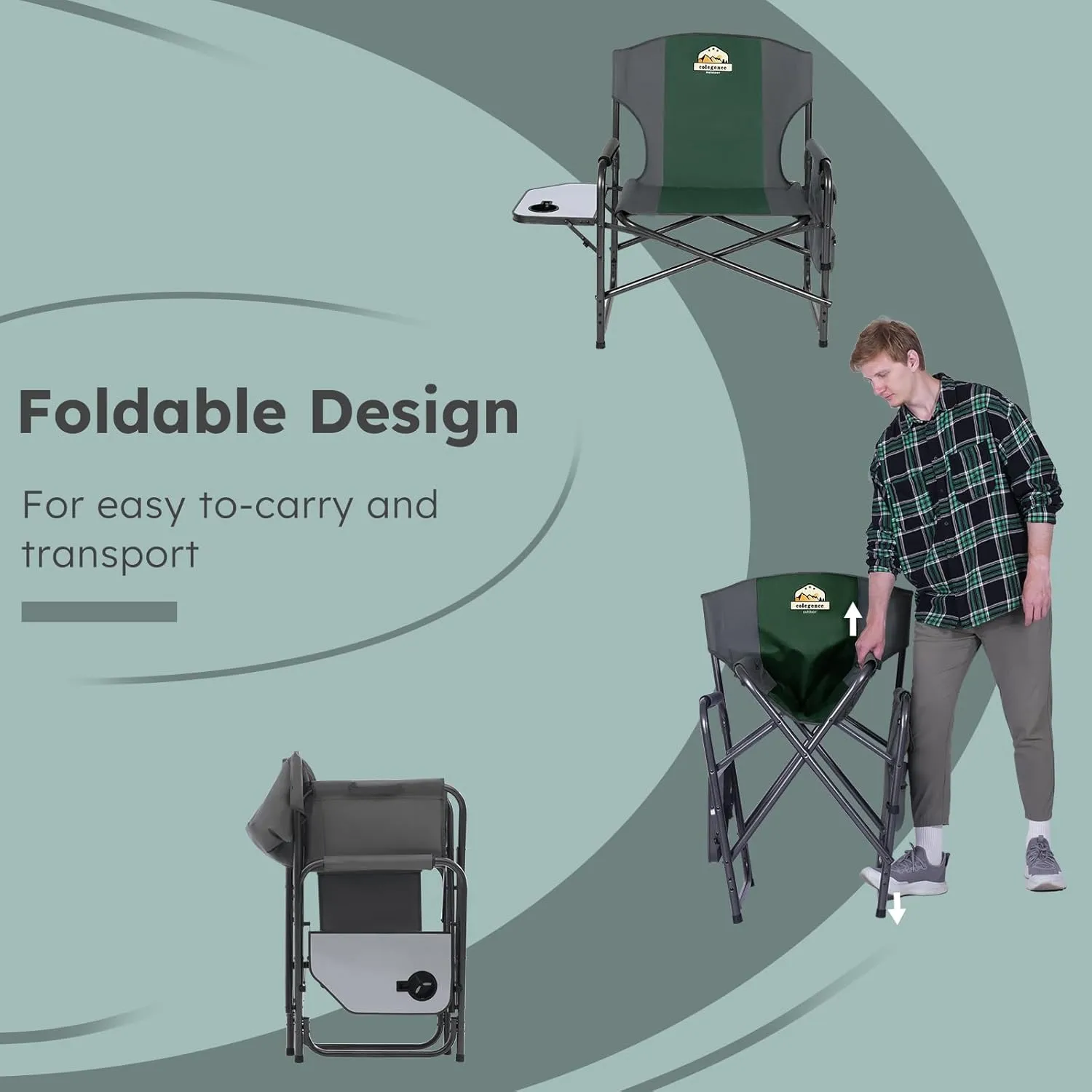 Oversized Directors Camping Chair Support 600 LBS, Heavy Duty Folding Outdoor Chairs with Detachable Side Pocket and Adjustable Side Table for Outside Beach,Lawn,Fishing (Green)