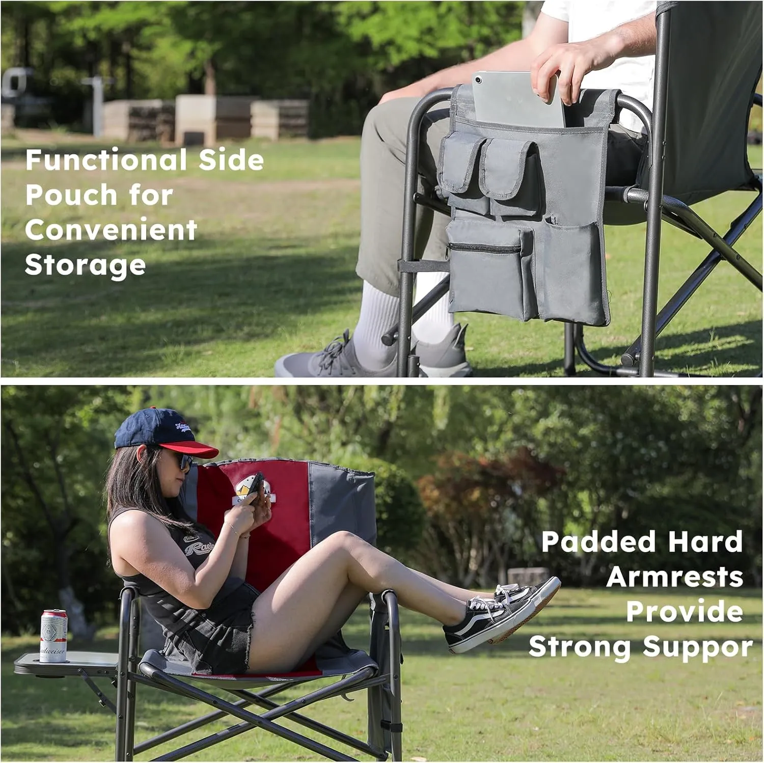 Oversized Directors Camping Chair Support 600 LBS, Heavy Duty Folding Outdoor Chairs with Detachable Side Pocket and Adjustable Side Table for Outside Beach,Lawn,Fishing (Red)