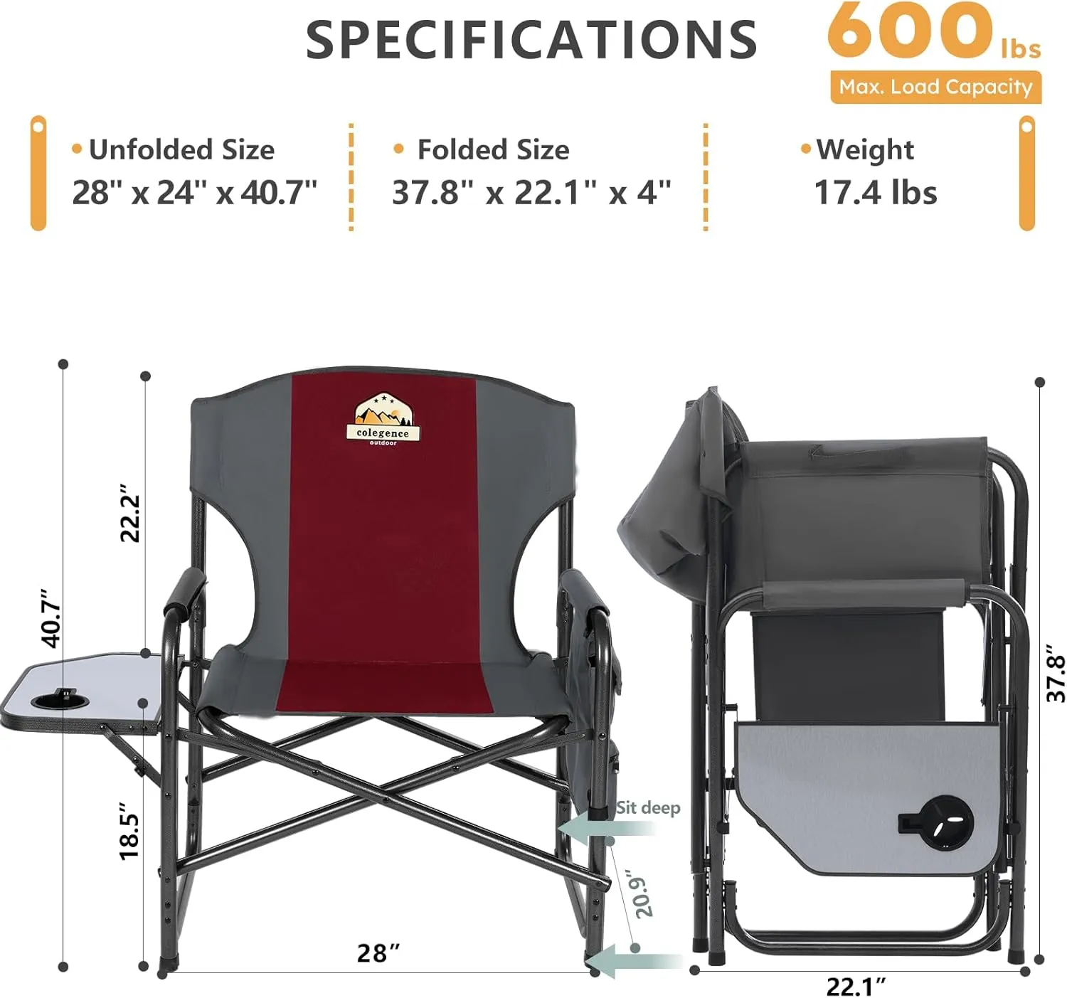 Oversized Directors Camping Chair Support 600 LBS, Heavy Duty Folding Outdoor Chairs with Detachable Side Pocket and Adjustable Side Table for Outside Beach,Lawn,Fishing (Red)