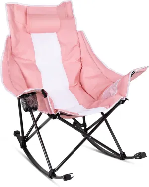 Oversized Rocking Camping Chair, Folding Outdoor Rocking Chair with Side Cup Holders, Full Padded High Back Portable Lawn Recliner with Headrest and Carry Bag, 300 lbs Capacity, Pink