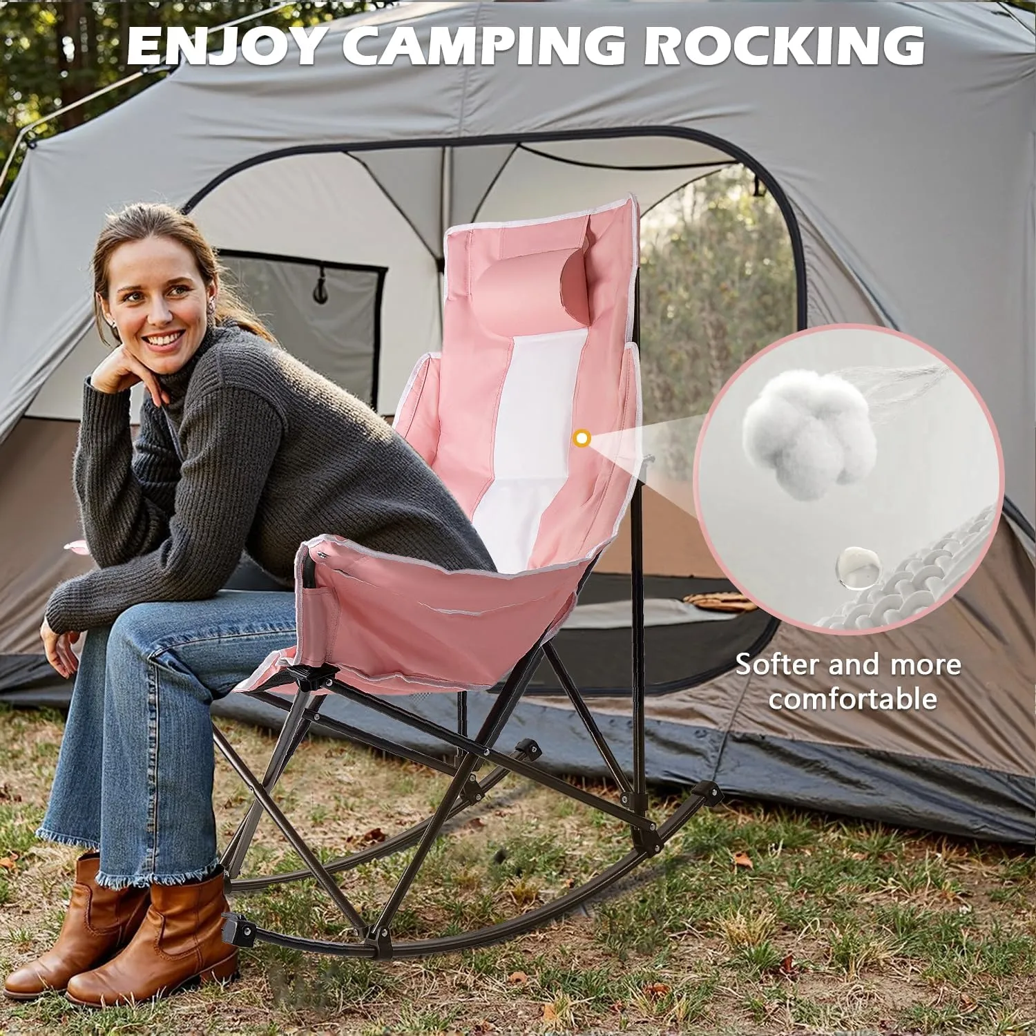 Oversized Rocking Camping Chair, Folding Outdoor Rocking Chair with Side Cup Holders, Full Padded High Back Portable Lawn Recliner with Headrest and Carry Bag, 300 lbs Capacity, Pink