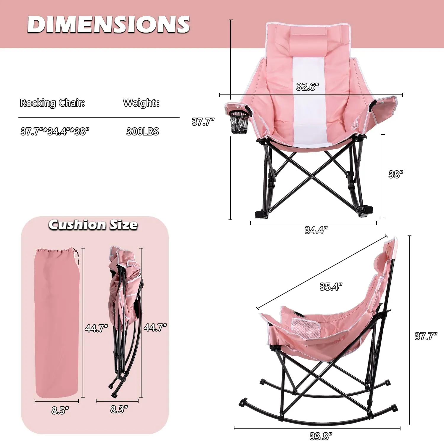 Oversized Rocking Camping Chair, Folding Outdoor Rocking Chair with Side Cup Holders, Full Padded High Back Portable Lawn Recliner with Headrest and Carry Bag, 300 lbs Capacity, Pink