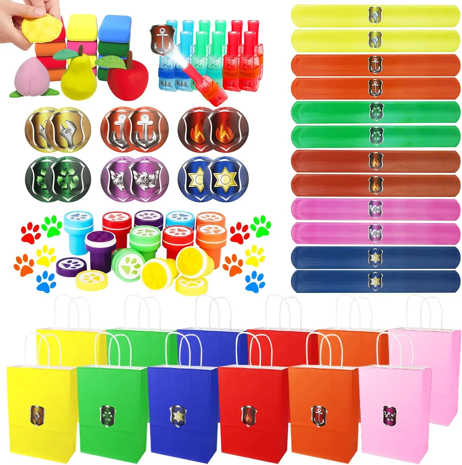 Paw Print Party Favors Decorations For Kids Puppy Dog Pinata Birthday Supplies Set ,Finger Lights Stamp Bubble Wand Air Clay Badge Pin Gift Bag Prize For Student Girl Boy 72pcs