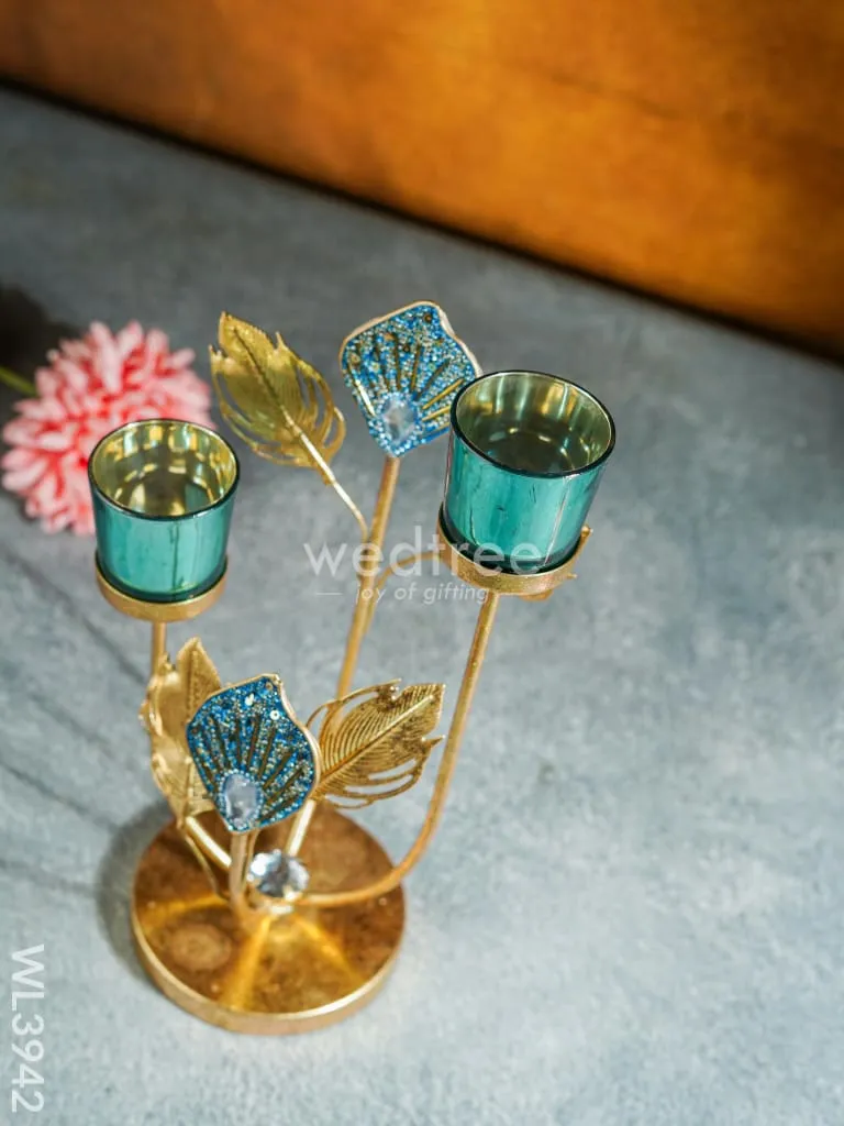 Peacock Feather Stand with 2 Glass T-light Holders - WL3942