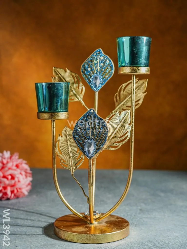 Peacock Feather Stand with 2 Glass T-light Holders - WL3942