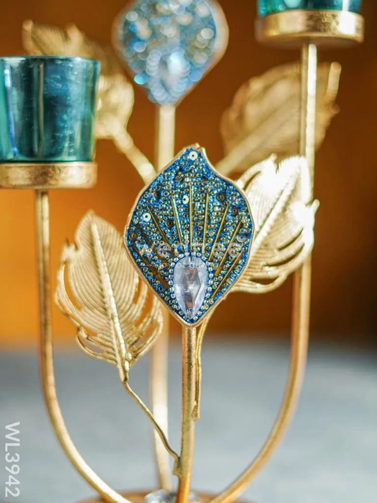 Peacock Feather Stand with 2 Glass T-light Holders - WL3942
