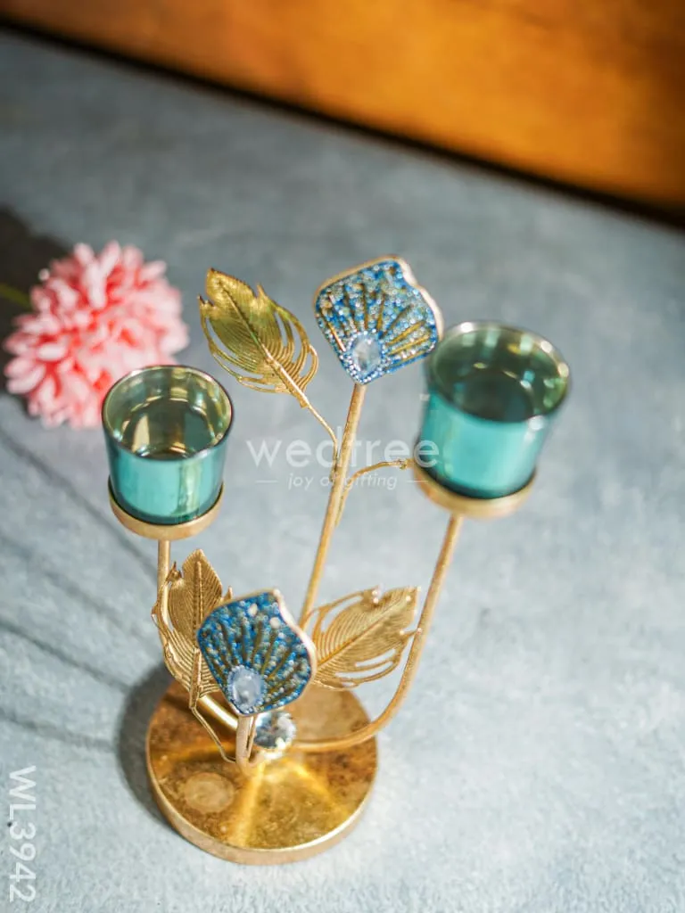 Peacock Feather Stand with 2 Glass T-light Holders - WL3942