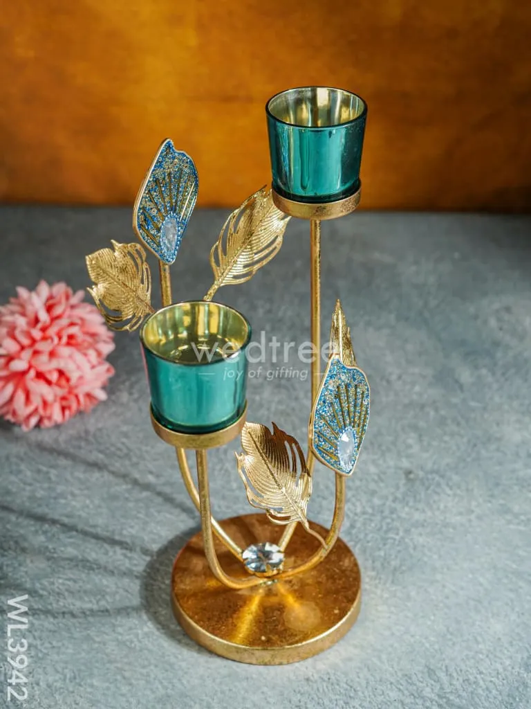 Peacock Feather Stand with 2 Glass T-light Holders - WL3942