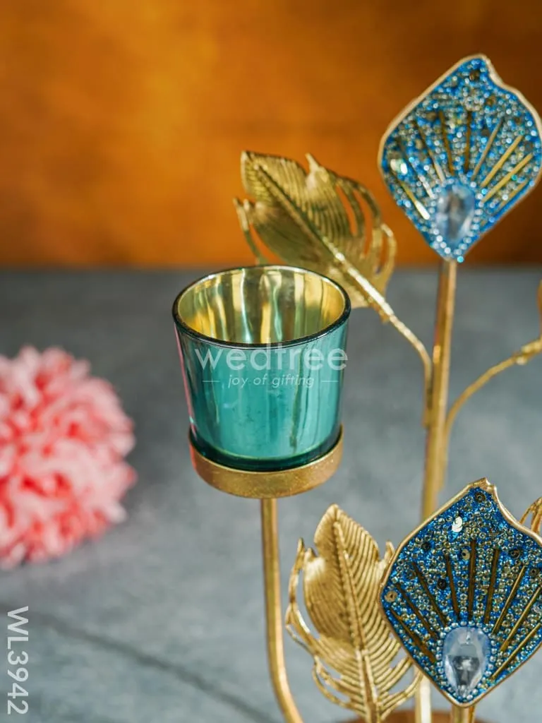Peacock Feather Stand with 2 Glass T-light Holders - WL3942