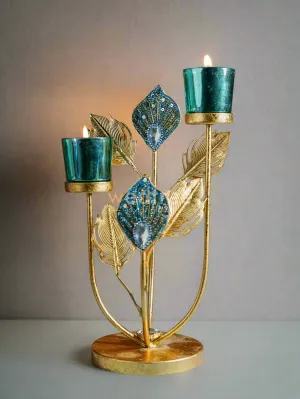 Peacock Feather Stand with 2 Glass T-light Holders - WL3942