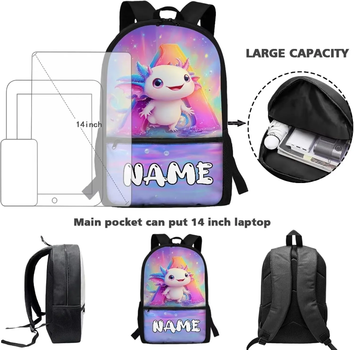 Personalized Axolotl Backpack Custom Elementary School Backpack with Side Pockets 17“ Large Capacity Bookbags for 6th Grade Girls School Bag with Name for Outdoor Activities
