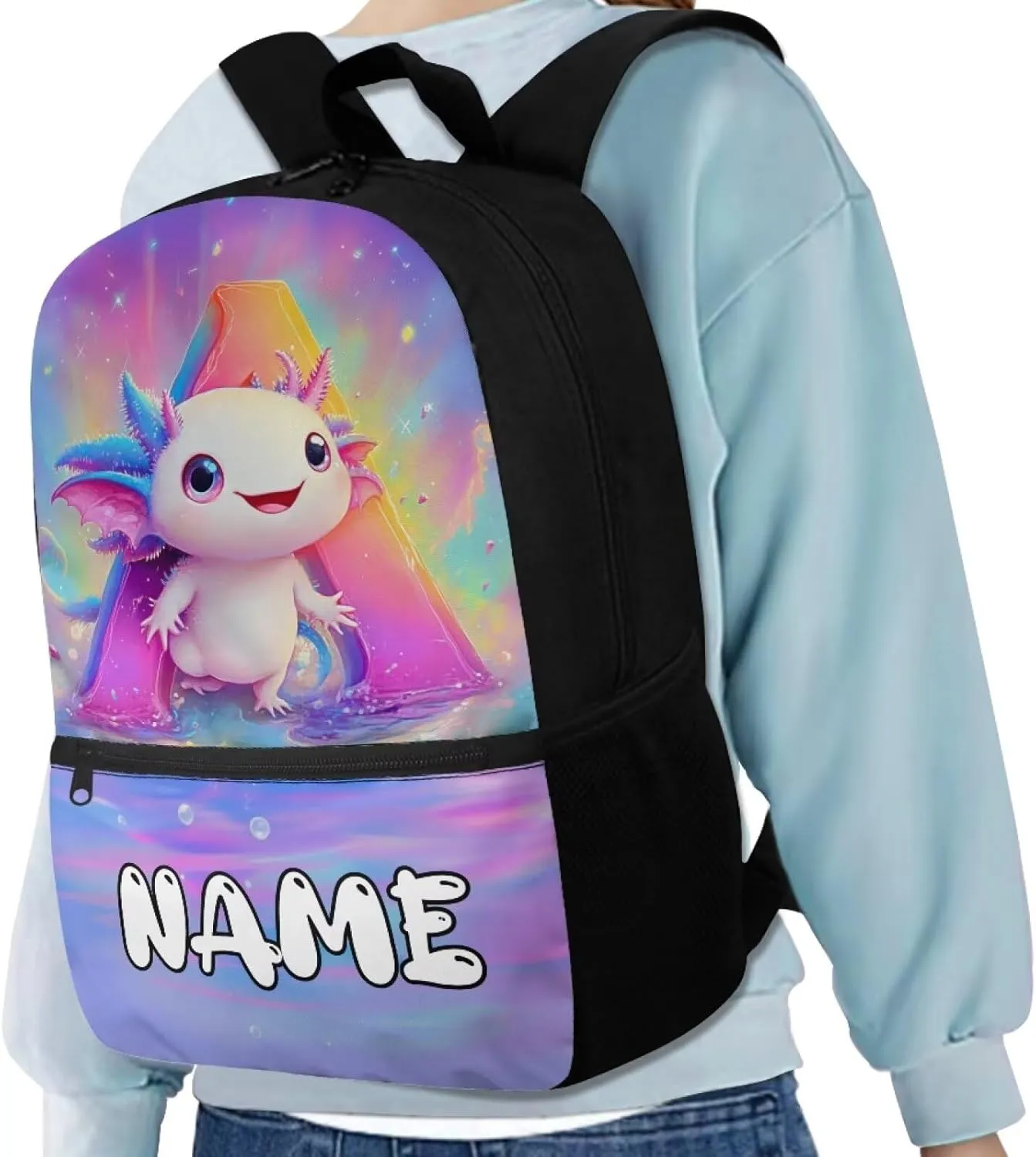 Personalized Axolotl Backpack Custom Elementary School Backpack with Side Pockets 17“ Large Capacity Bookbags for 6th Grade Girls School Bag with Name for Outdoor Activities