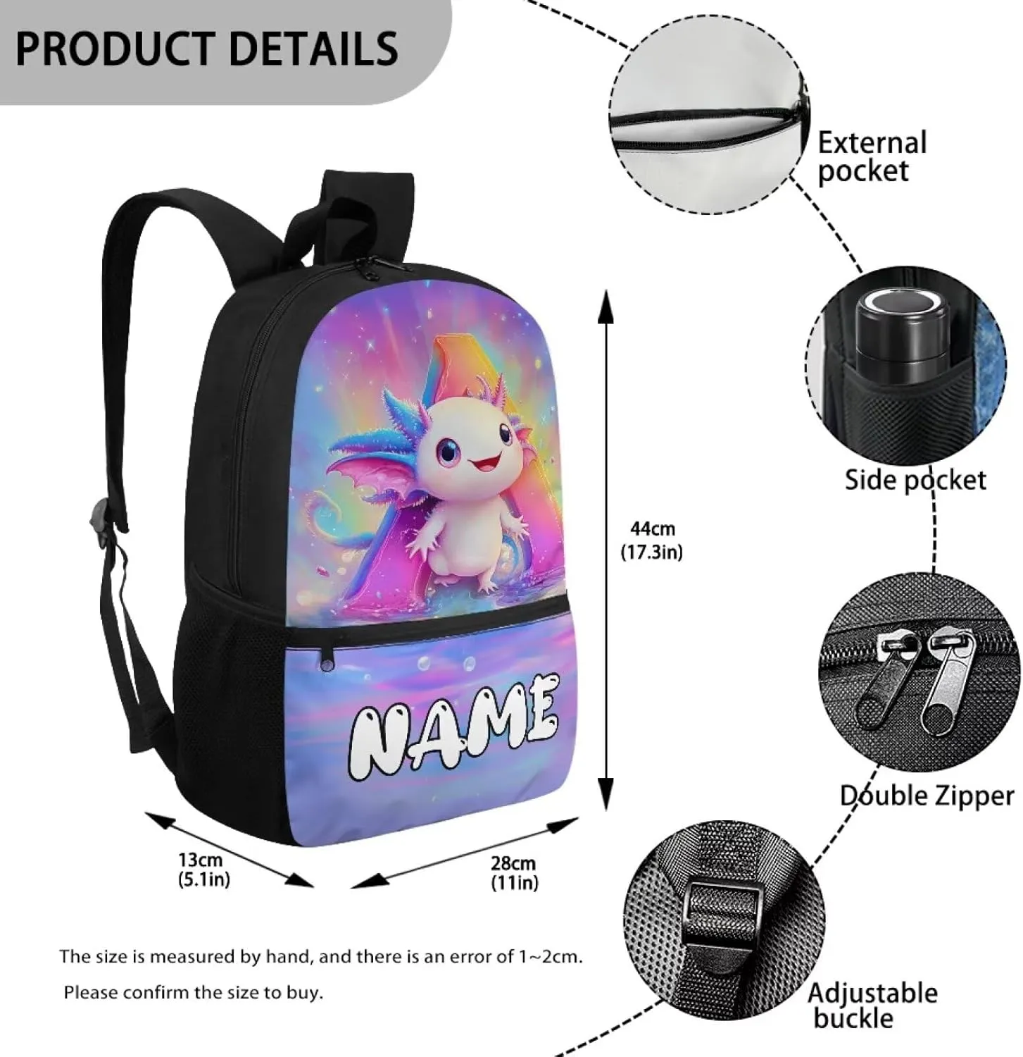 Personalized Axolotl Backpack Custom Elementary School Backpack with Side Pockets 17“ Large Capacity Bookbags for 6th Grade Girls School Bag with Name for Outdoor Activities