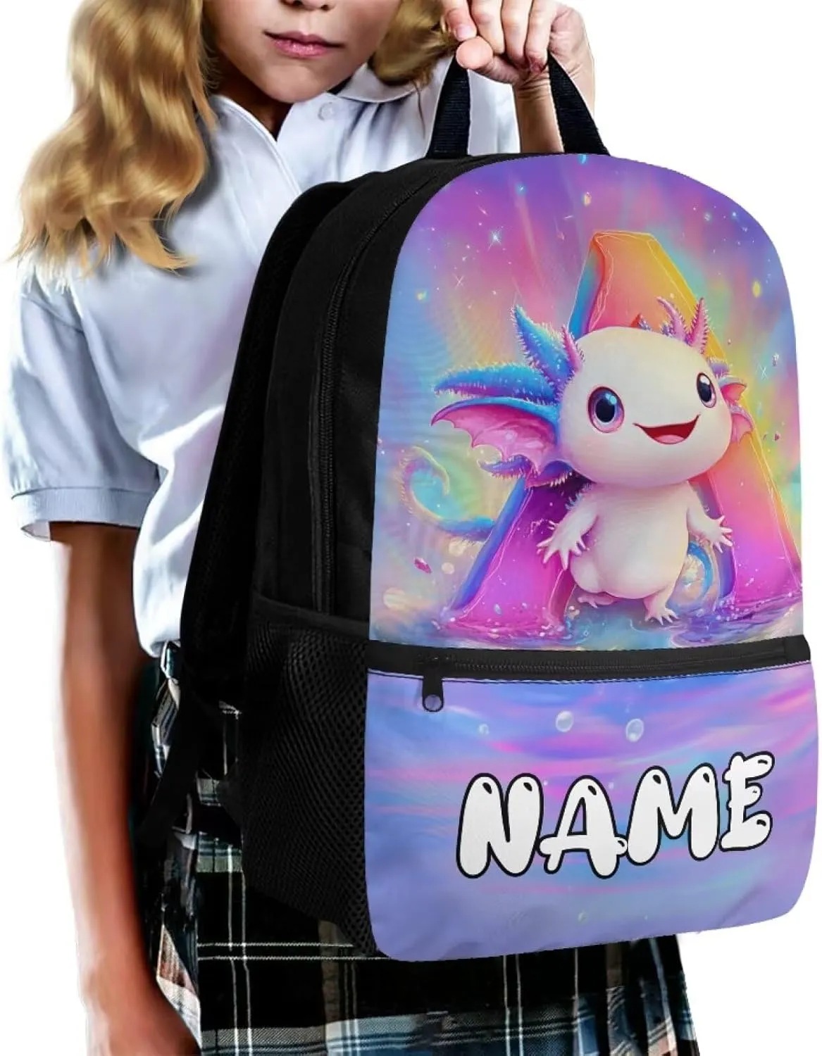Personalized Axolotl Backpack Custom Elementary School Backpack with Side Pockets 17“ Large Capacity Bookbags for 6th Grade Girls School Bag with Name for Outdoor Activities