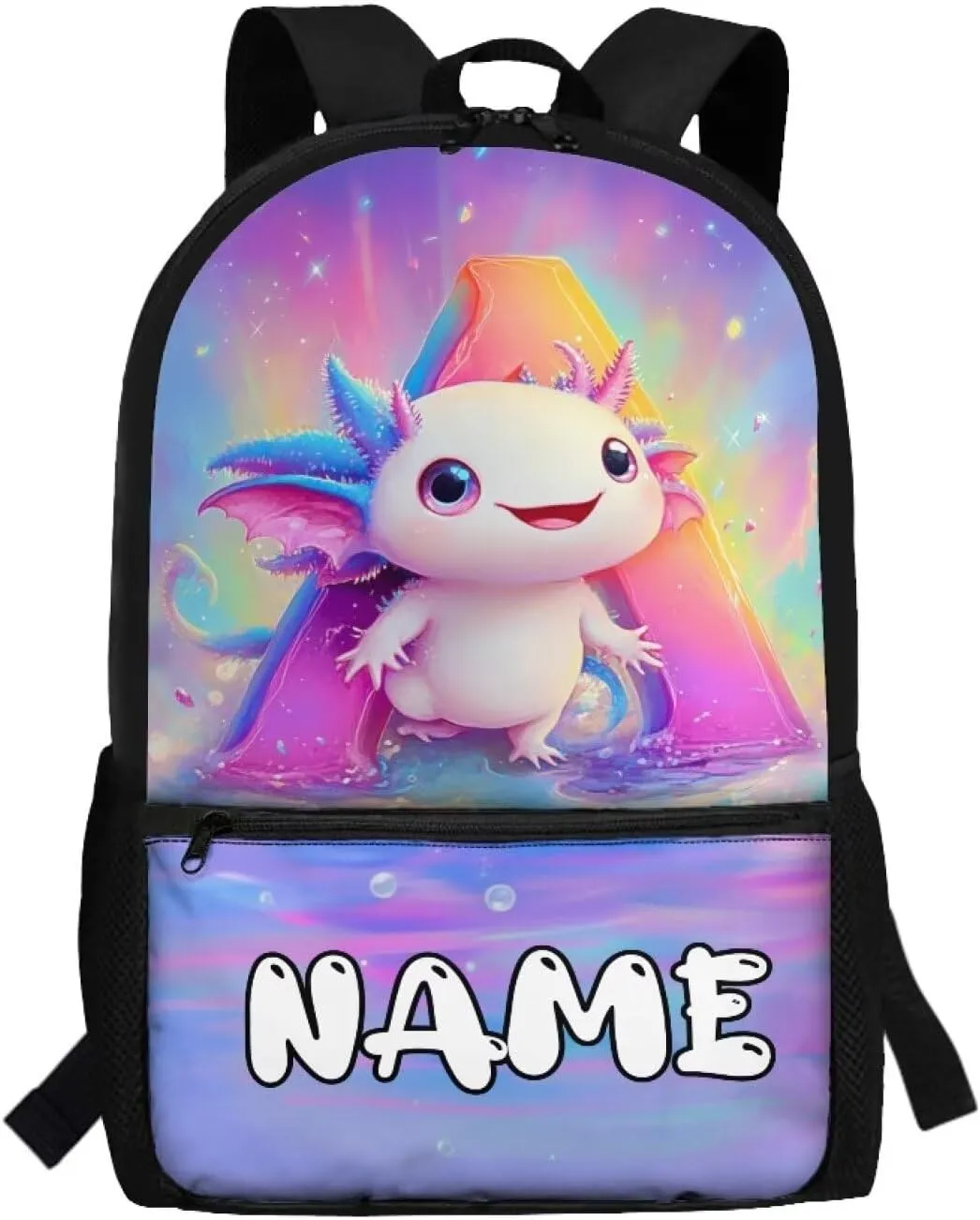 Personalized Axolotl Backpack Custom Elementary School Backpack with Side Pockets 17“ Large Capacity Bookbags for 6th Grade Girls School Bag with Name for Outdoor Activities