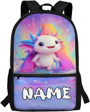 Personalized Axolotl Backpack Custom Elementary School Backpack with Side Pockets 17“ Large Capacity Bookbags for 6th Grade Girls School Bag with Name for Outdoor Activities