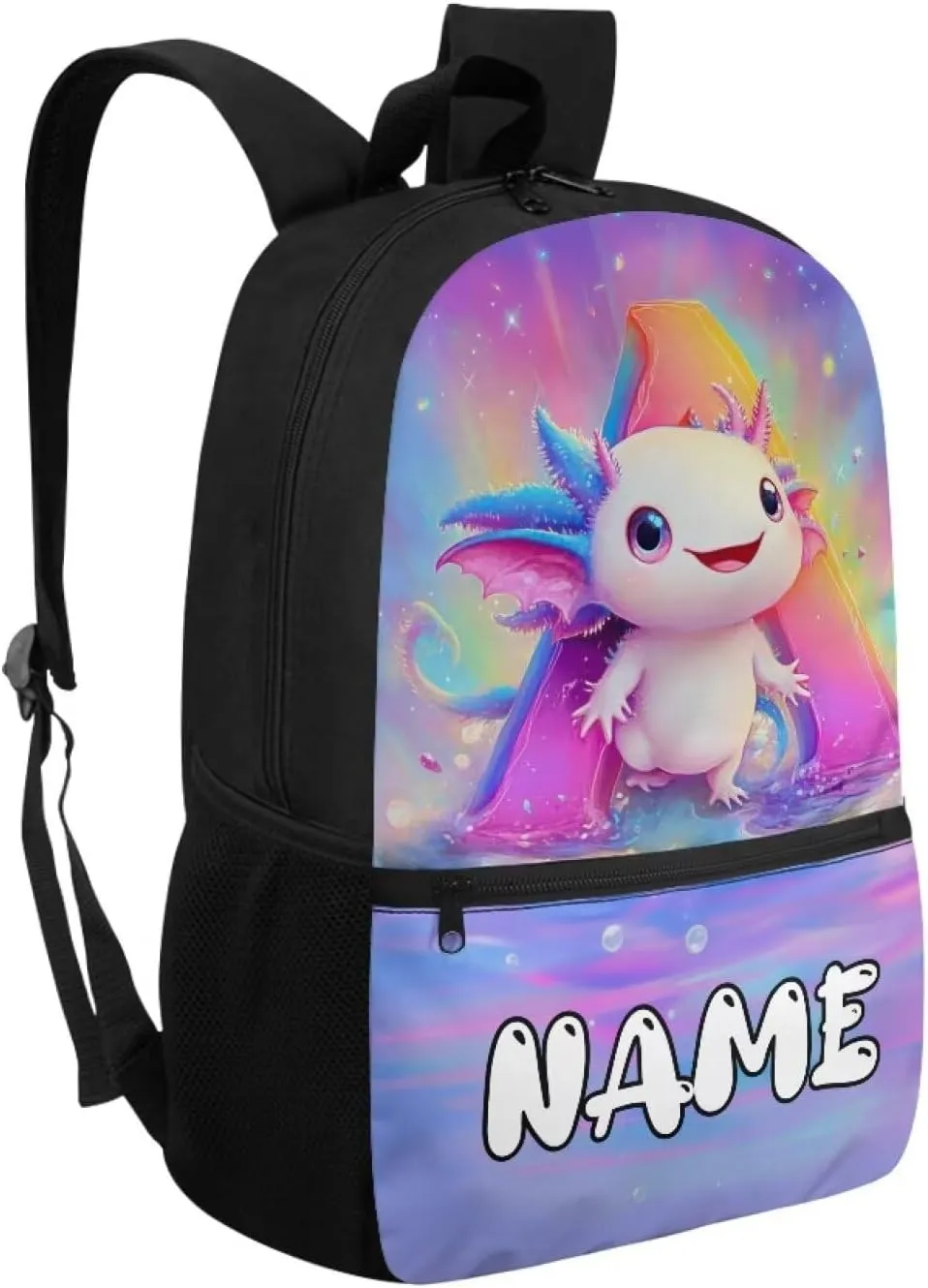 Personalized Axolotl Backpack Custom Elementary School Backpack with Side Pockets 17“ Large Capacity Bookbags for 6th Grade Girls School Bag with Name for Outdoor Activities