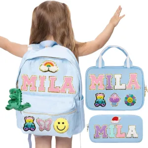 Personalized Backpack Lunch Bag for Girls Boys Pencil Pouch Custom Back To School Backpack With Chenille Name Patch for Students Birthday Christmas