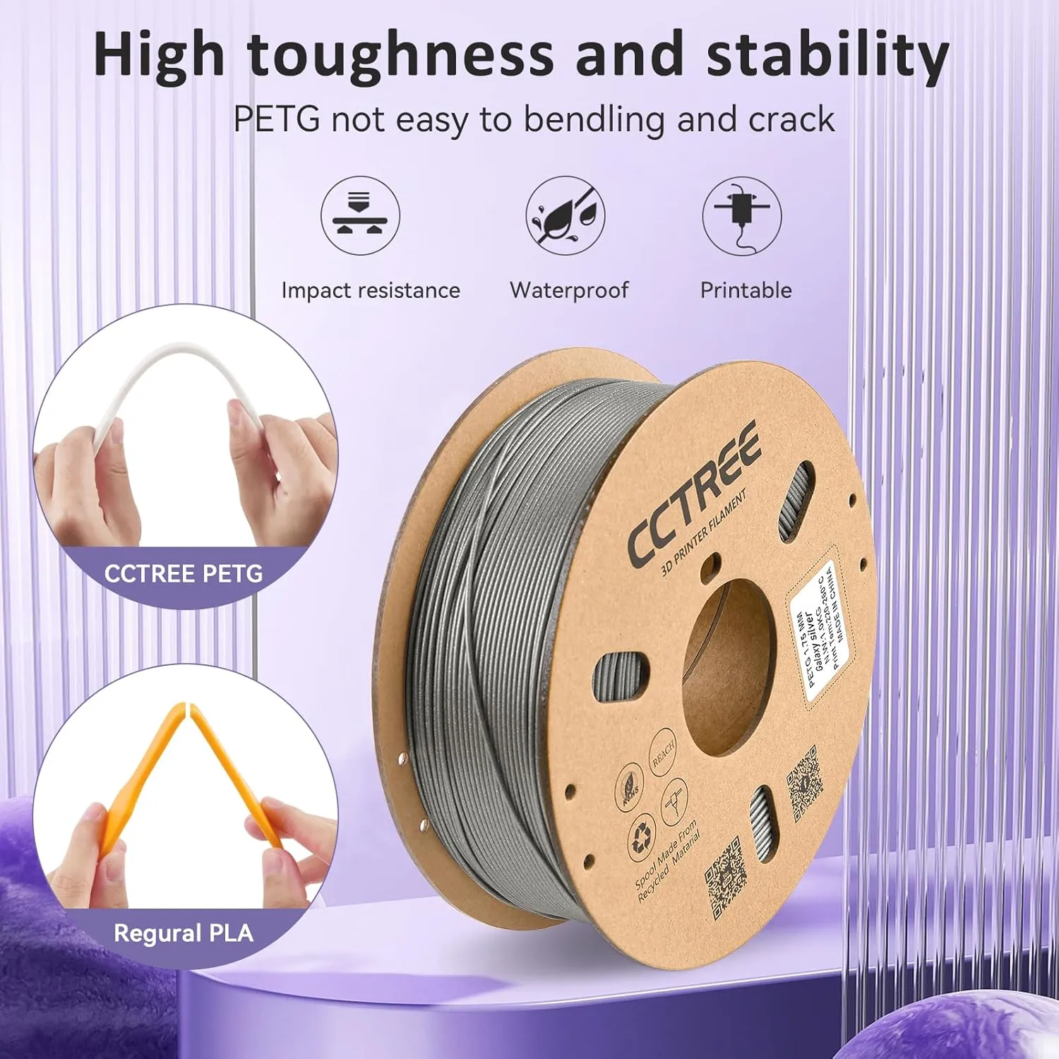 PETG Filament 1.75mm, Dimensional Accuracy  /- 0.03mm, 1kg Spool(2.2lbs), Less Stringing Good Layer Adhesion High Toughness 3D Printing Filament, Fit Most 3D Printers, Galaxy Silver