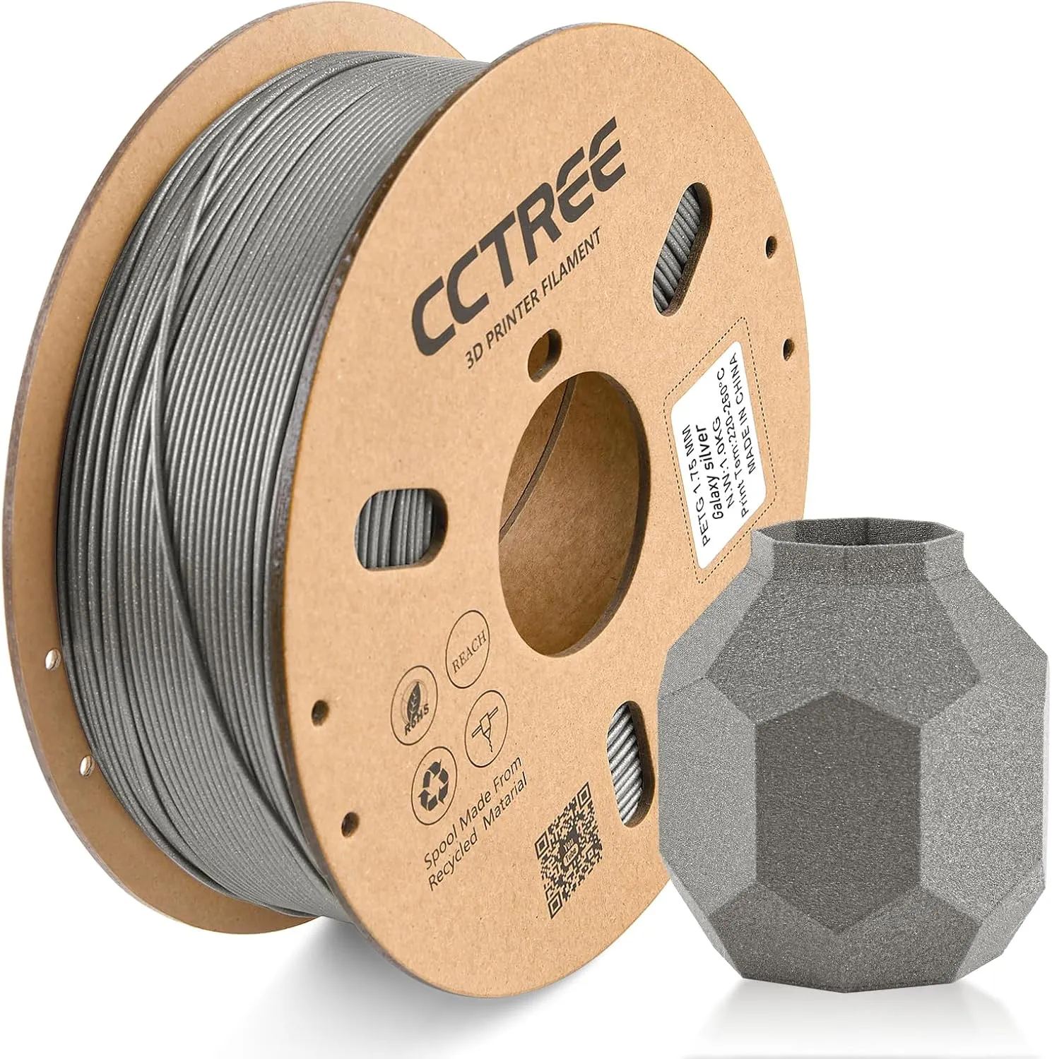 PETG Filament 1.75mm, Dimensional Accuracy  /- 0.03mm, 1kg Spool(2.2lbs), Less Stringing Good Layer Adhesion High Toughness 3D Printing Filament, Fit Most 3D Printers, Galaxy Silver