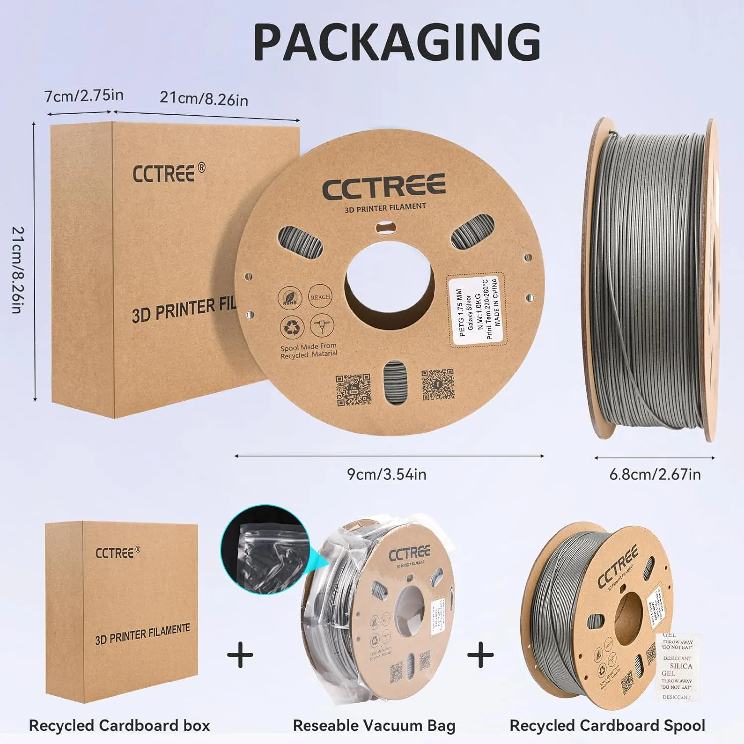 PETG Filament 1.75mm, Dimensional Accuracy  /- 0.03mm, 1kg Spool(2.2lbs), Less Stringing Good Layer Adhesion High Toughness 3D Printing Filament, Fit Most 3D Printers, Galaxy Silver