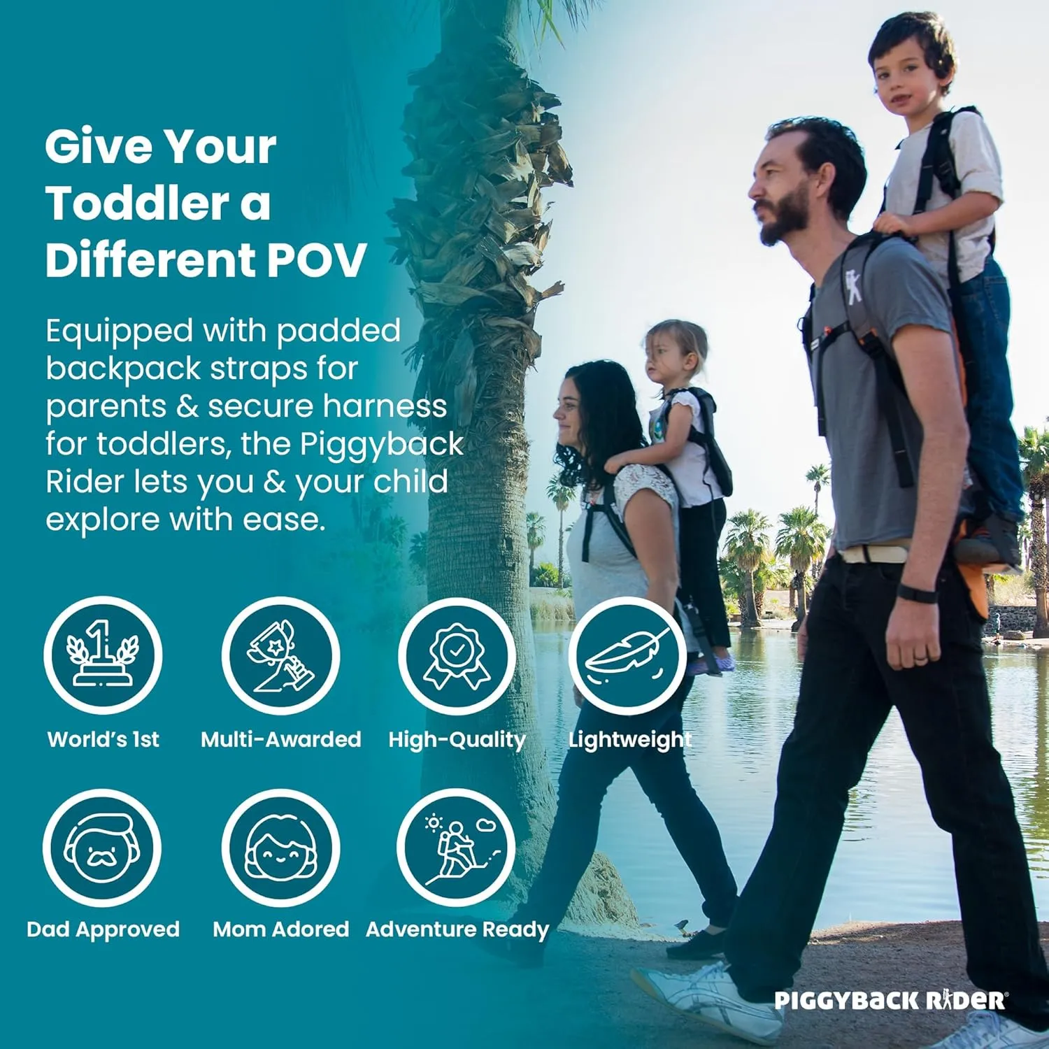 Piggyback SCOUT Toddler Carrier Backpack Deluxe - 6 Piece Set: Hip Belt, Carry Bag, Side Pocket, Mud Flap, Water Bottle & Selfie Stick Holders - For Ages 2-4 (Under 50 lbs) - Hiking & Travel
