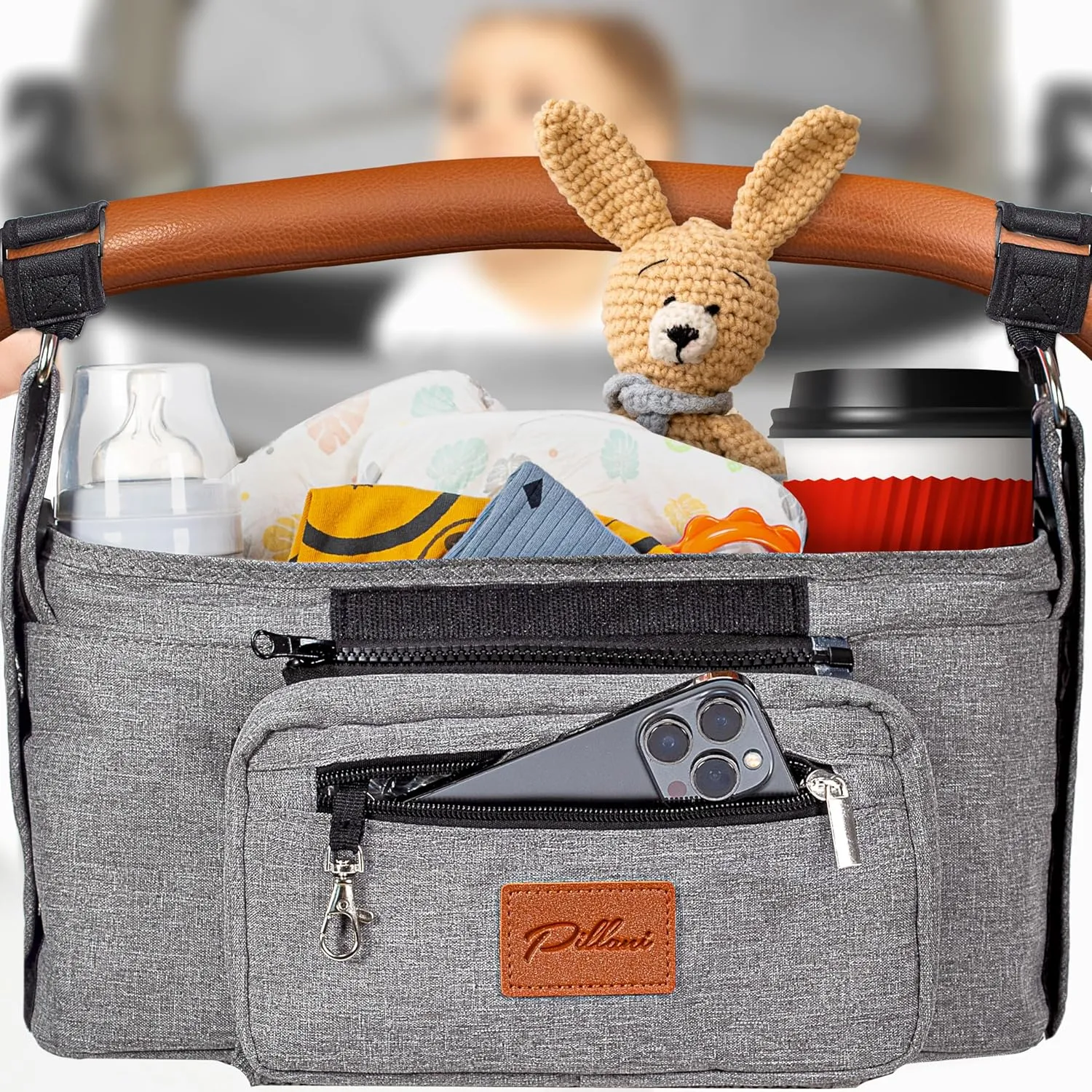 PILLANI Stroller Caddy, Universal Stroller Organizer with Cup Holder & Phone Bag, Stroller Accessories w/ Non-Slip Straps, Stroller Bag Attachment Fits Nuna Uppababy Doona Bob Mompush and Pet Stroller